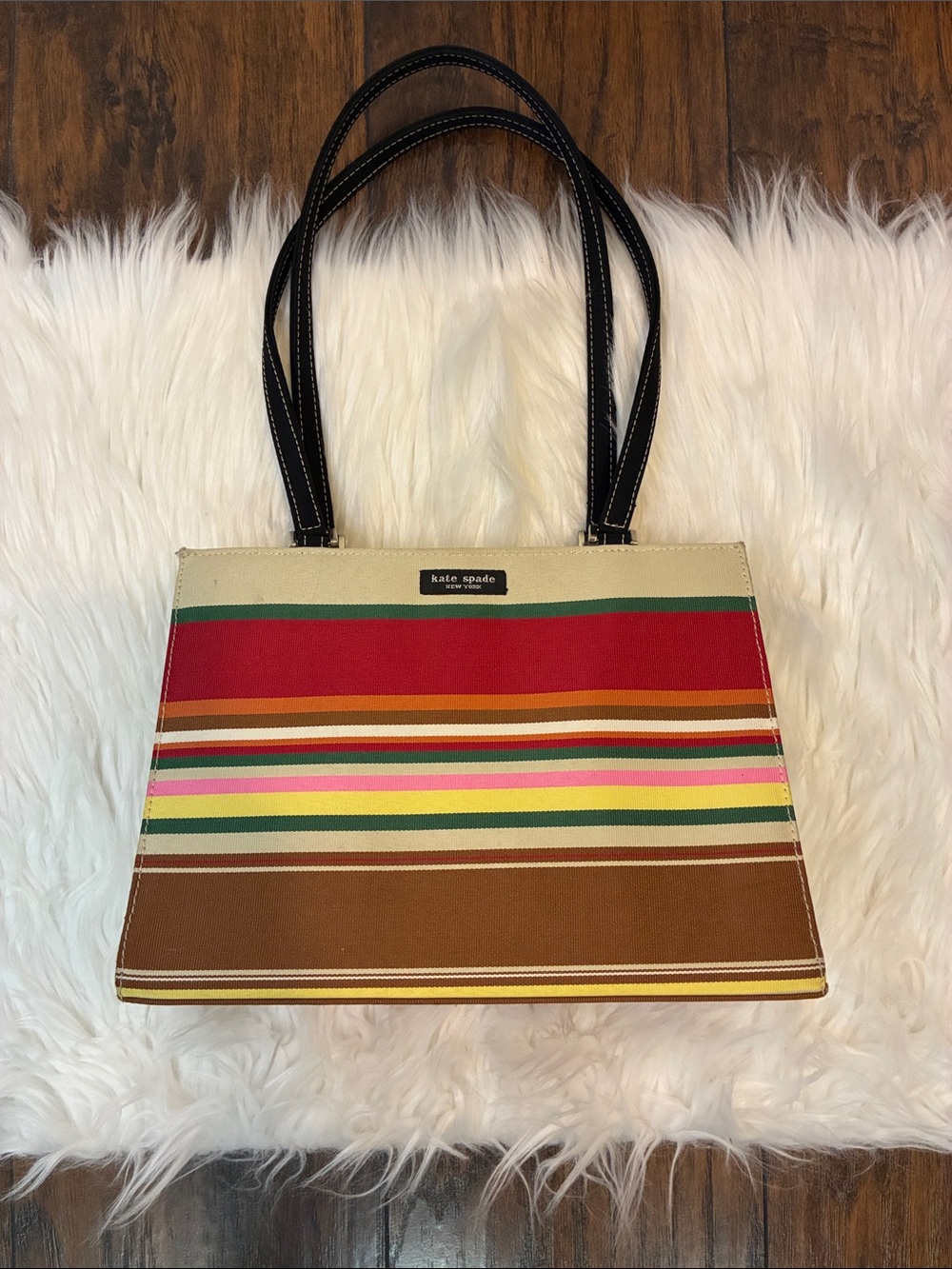 VTG Kate Spade Multicolor Striped Canvas Shoulder Tote with Black Handles